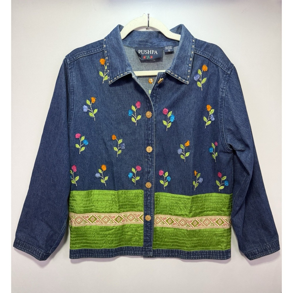 Vintage Pushpa Denim Jacket Womens S Floral Embroidered Boho Art to Wear 90s
